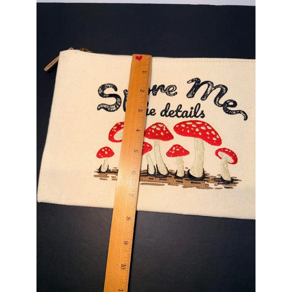 Spore Me the Details Mushroom Embroidered Canvas Pouch Cream